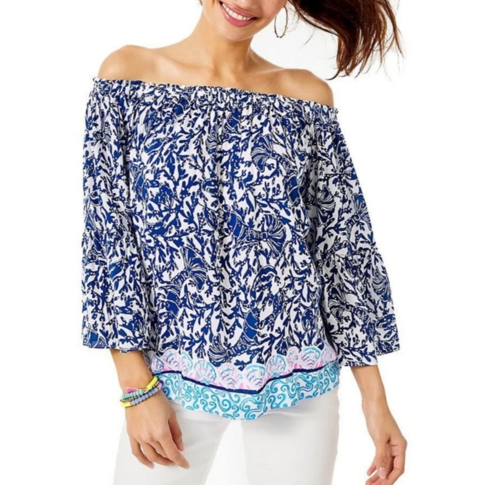 Lilly Pulitzer Nevie Off The Shoulder Top In Krilling It Oyster Blue